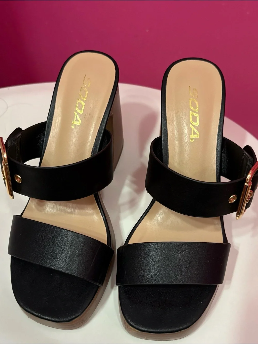 Soda Black Platform Slide with Gold Buckle